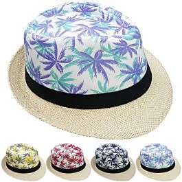 Dozen Wholesale Straw Trilby Fedora Hats with Palm Tree Design
