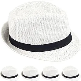 Dozen Wholesale White Paper Straw Trilby Fedora Hats with Black Band