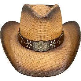 Brown Cowboy Hats - Paper Straw Star Band with Flowers Design