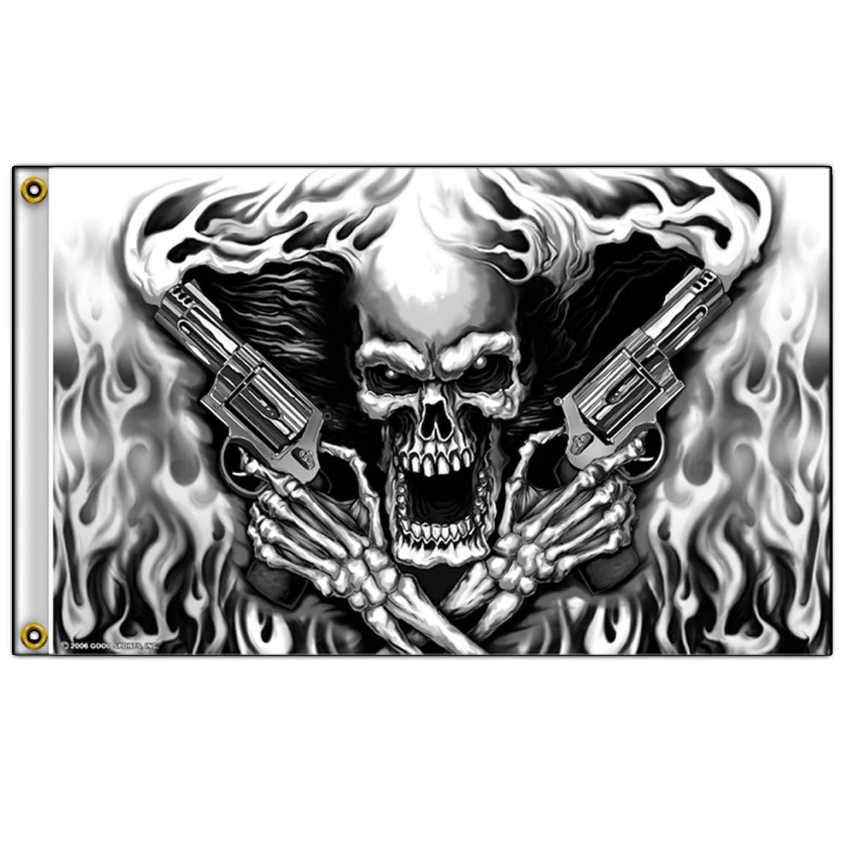 Wholesale ASSASSIN SMOKING PISTOLS SKULL DELUXE 3' X 5' BIKER FLAG (Sold by the piece)