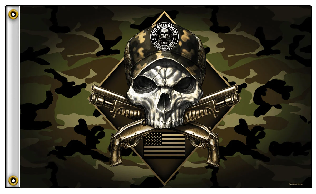 Wholesale CAMO 2ND AMENDMENT SKULL PISTOL GUNS BIKER DELUXE 3 X 5BIKER FLAG (Sold by the piece)