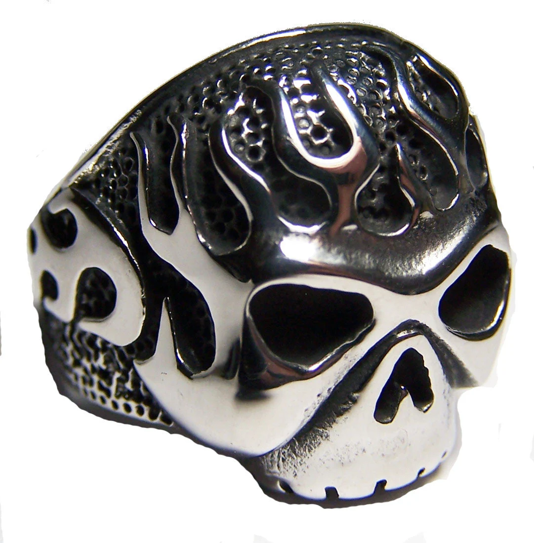 Wholesale FLAMING SKULL HEADSTAINLESS STEEL BIKER RING ( sold by the piece )