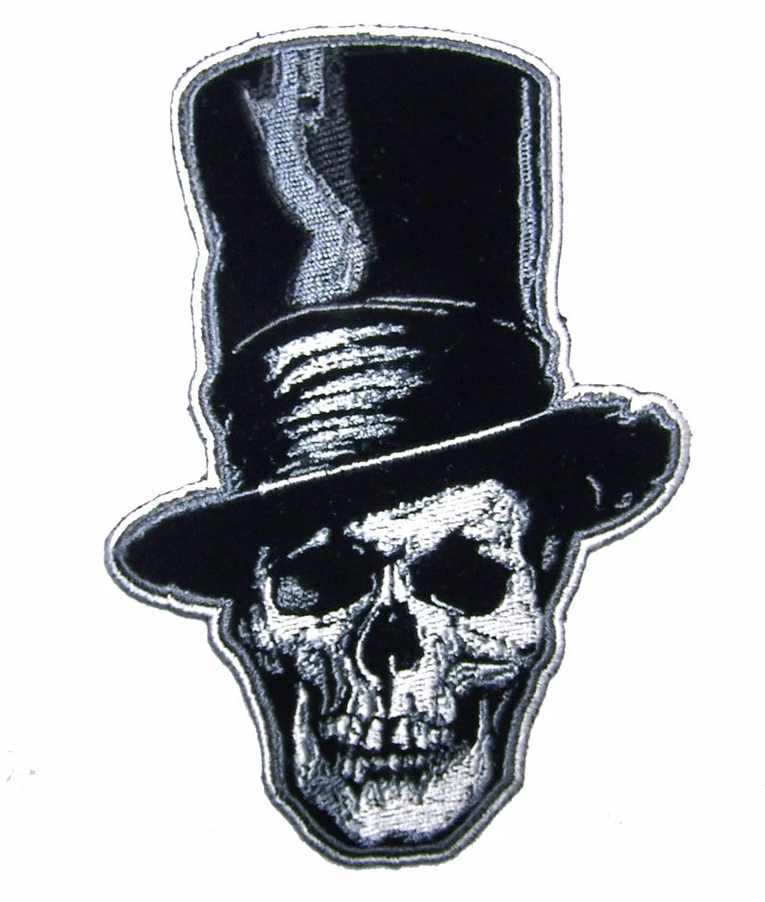 Wholesale SKULL HEAD STOVE PIPE HAT 5 IN EMBROIDERED PATCH(sold by the piece )